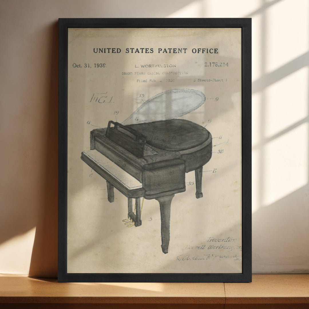 a drawing of a grand piano on a shelf