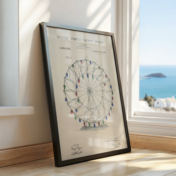 a picture of a ferris wheel on a window sill