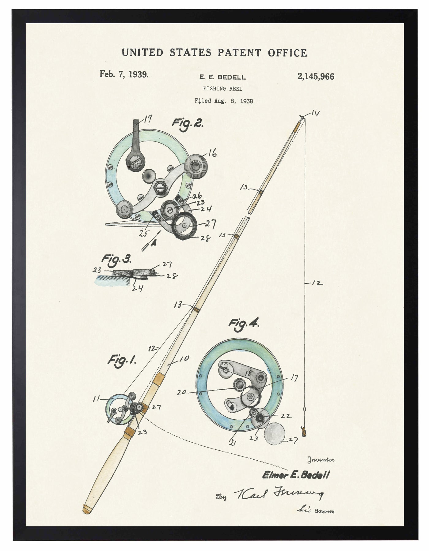 Original Fly Fishing Rods and Reels Patent Art Prints - Set of